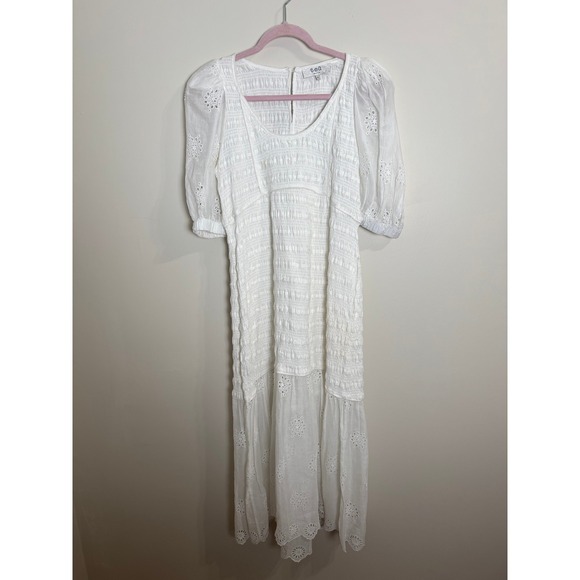 SEA NY White Eyelet Puff Sleeve Smocked Midi Dress - Picture 2 of 7